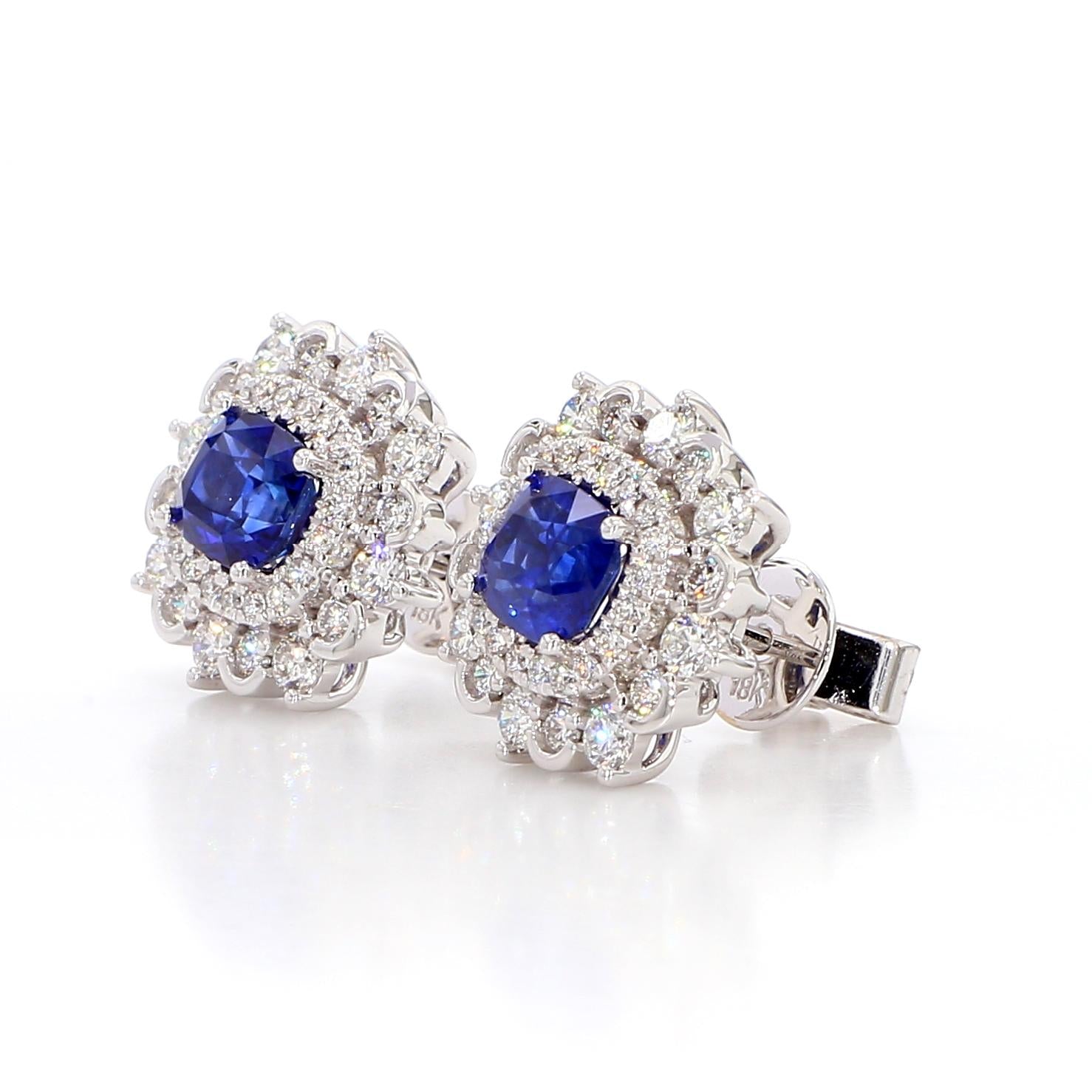 Natural Blue Cushion Sapphire and White Diamond 3.31 Carat TW Gold Stud Earrings