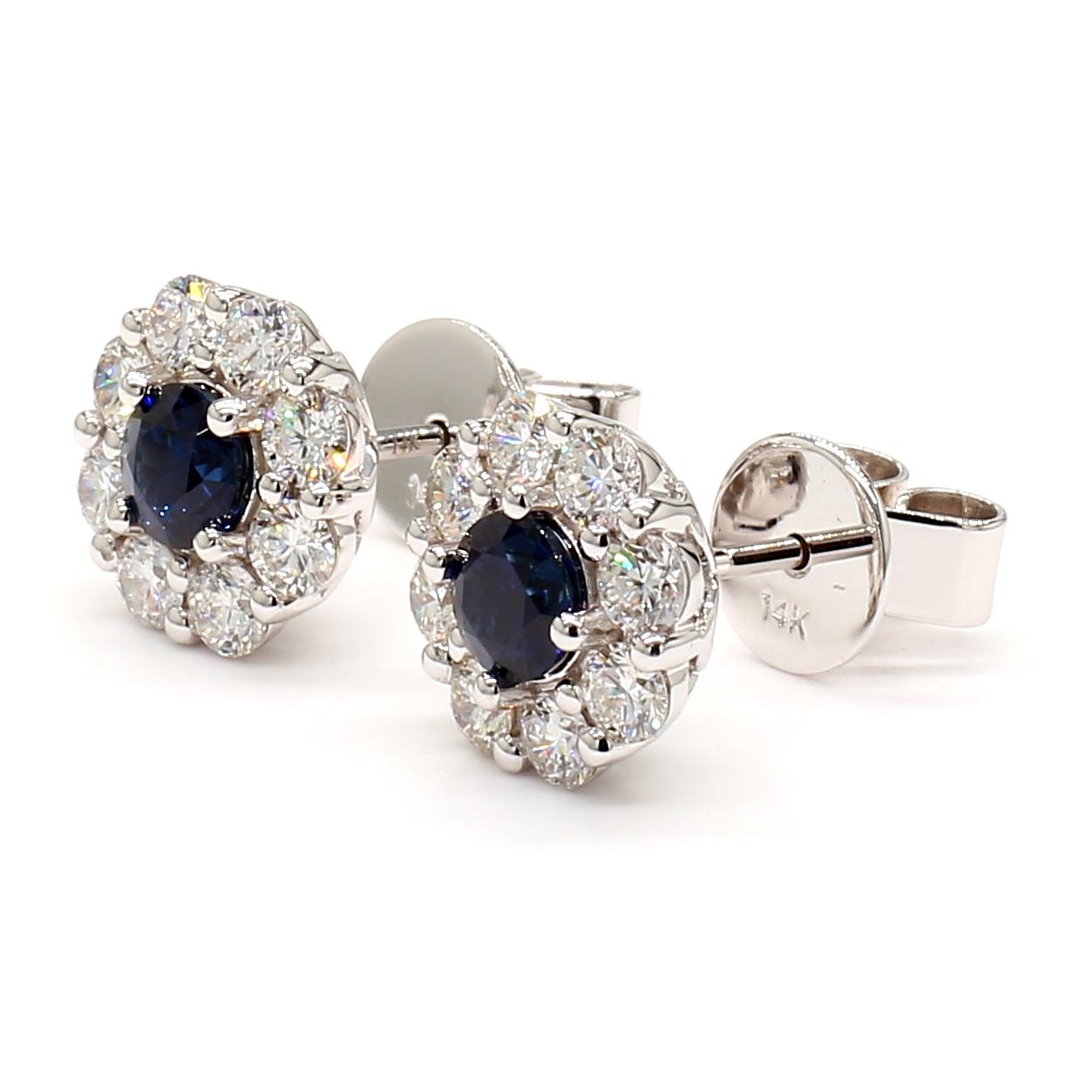 Natural Blue Round Sapphire and Diamond 1.73 Carat TW Gold Stud Earrings