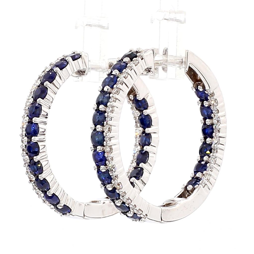 Natural Blue Round Sapphire and White Diamond 3.47 Carat TW Gold Hoop Earrings