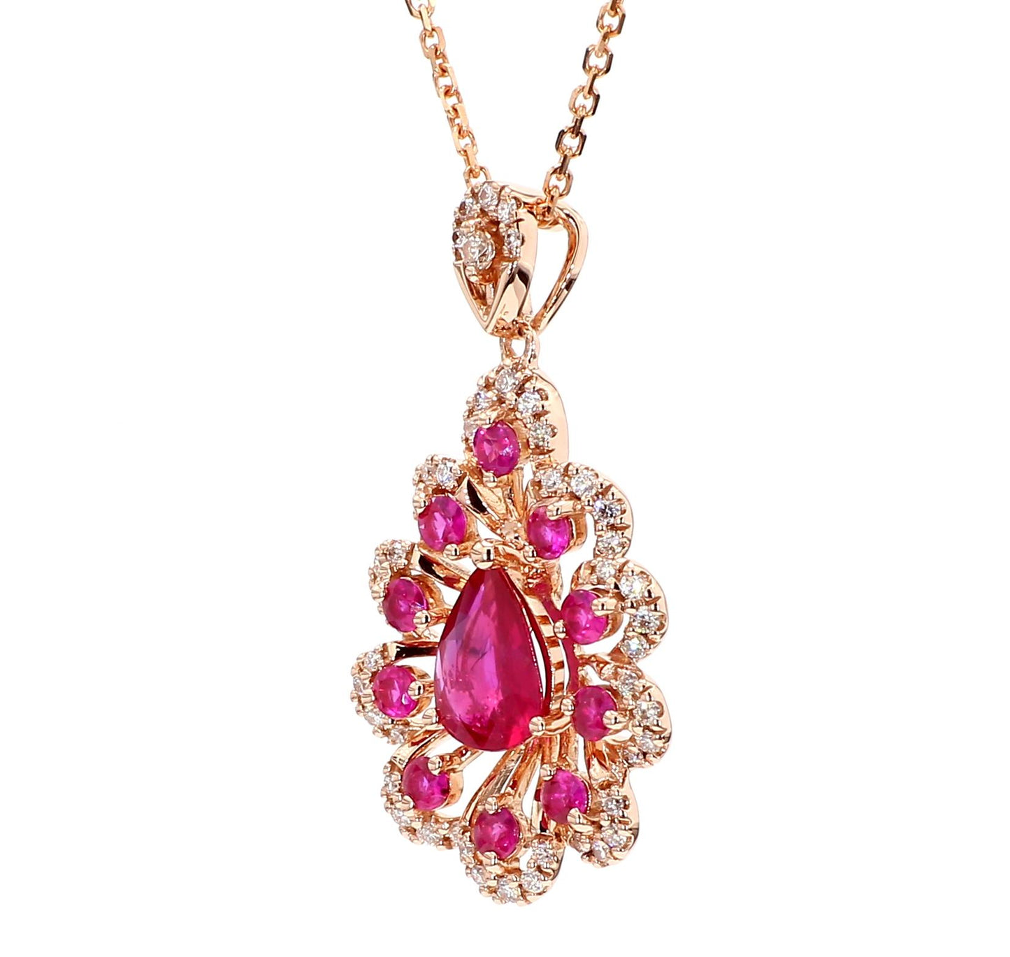 Natural Pear Red Ruby and White Diamond 1.36 Carat TW Gold Drop Pendant