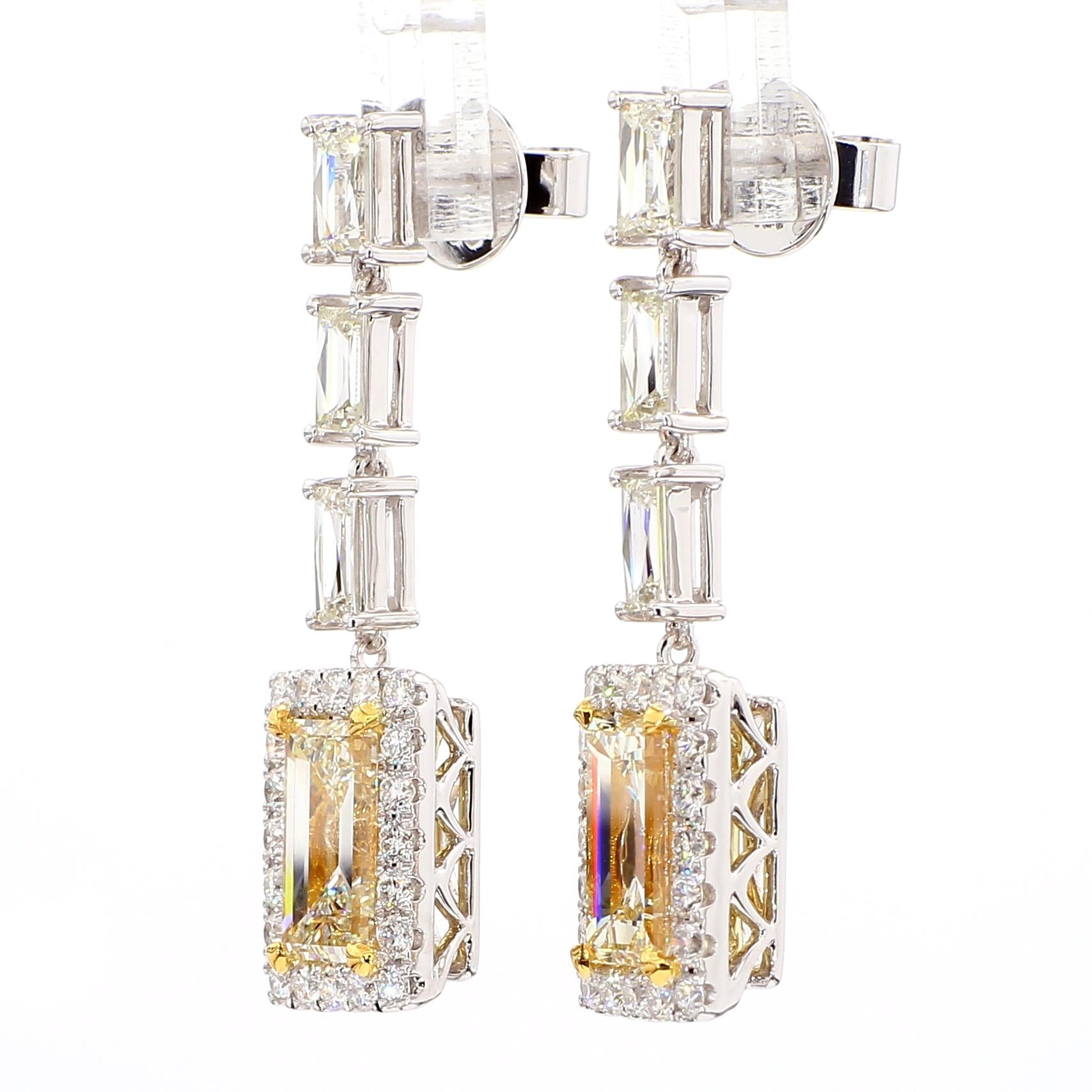 GIA Certified Natural Yellow Baguette Diamond 6.57 Carat TW Gold Drop Earrings