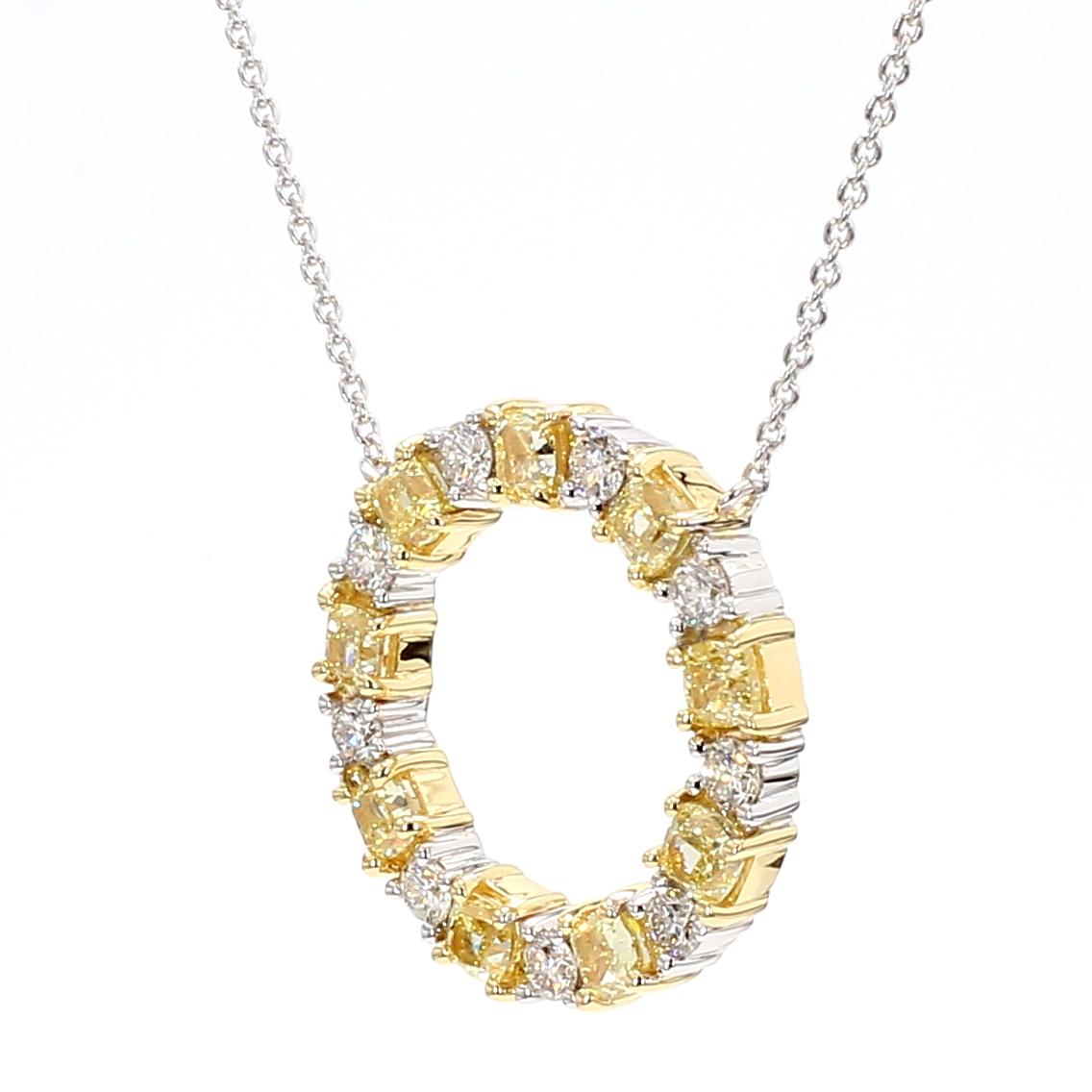 Natural Yellow Cushion and White Diamond 2.25 Carat TW Gold Drop Pendant