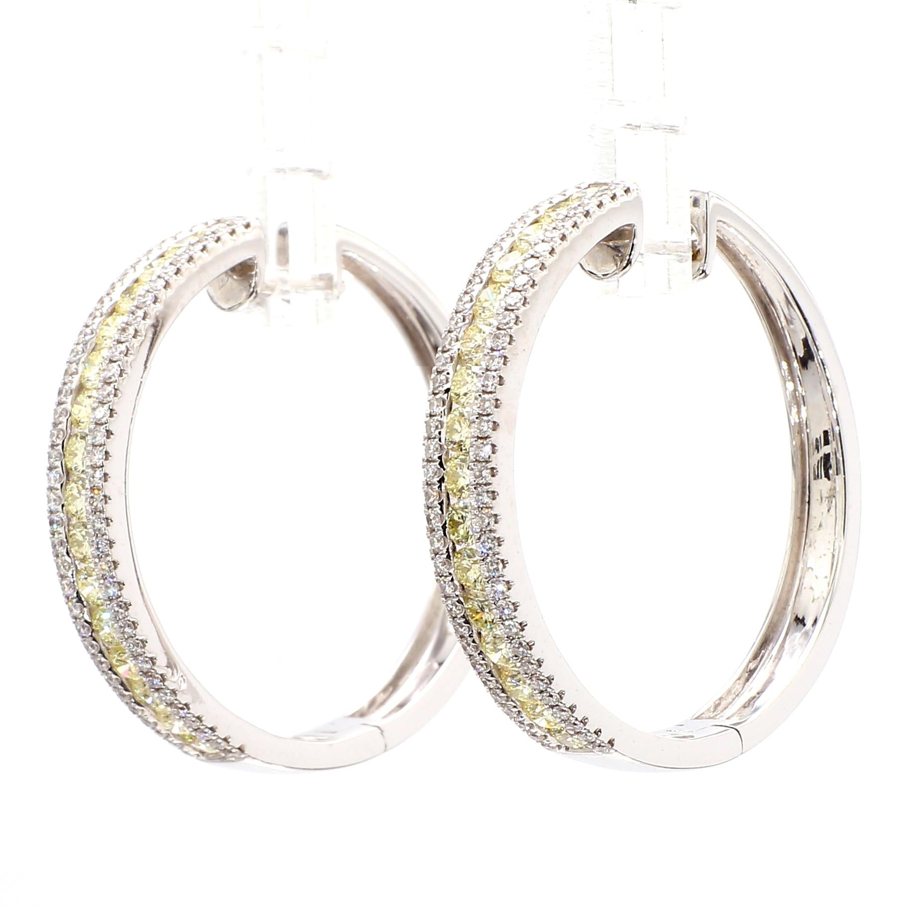 Natural Yellow Round Diamond 2.03 Carat TW Gold Hoop Earrings