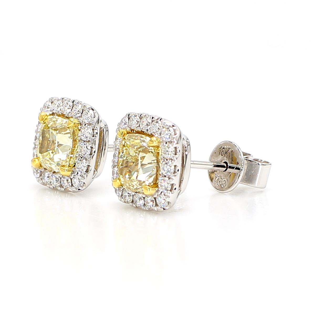 GIA Certified Natural Yellow Cushion Diamond 2.23 Carat TW Gold Earrings