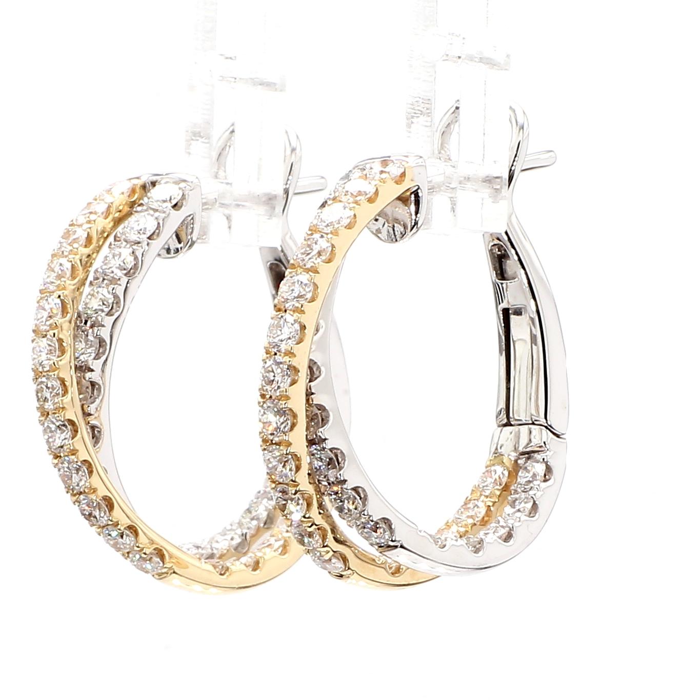 Natural White Round Diamond 1.76 Carat TW Gold Hoop Earrings