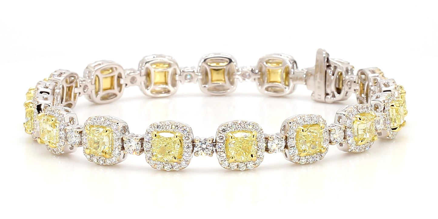 GIA Certified Natural Yellow Cushion Diamond 11.95 Carat TW Gold Tennis Bracelet