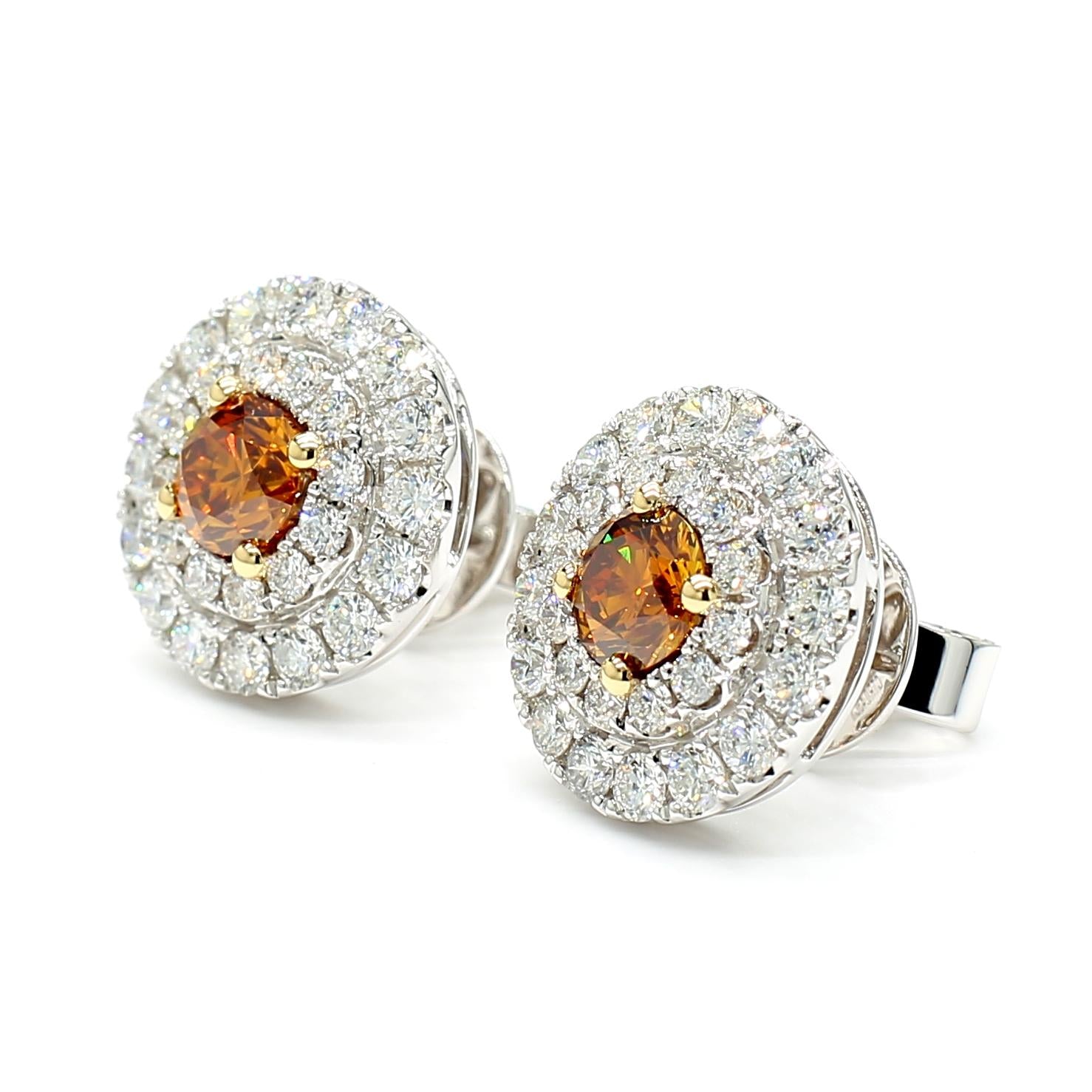 GIA Certified Natural Orange Round Diamond 2.19 Carat TW Gold Stud Earrings