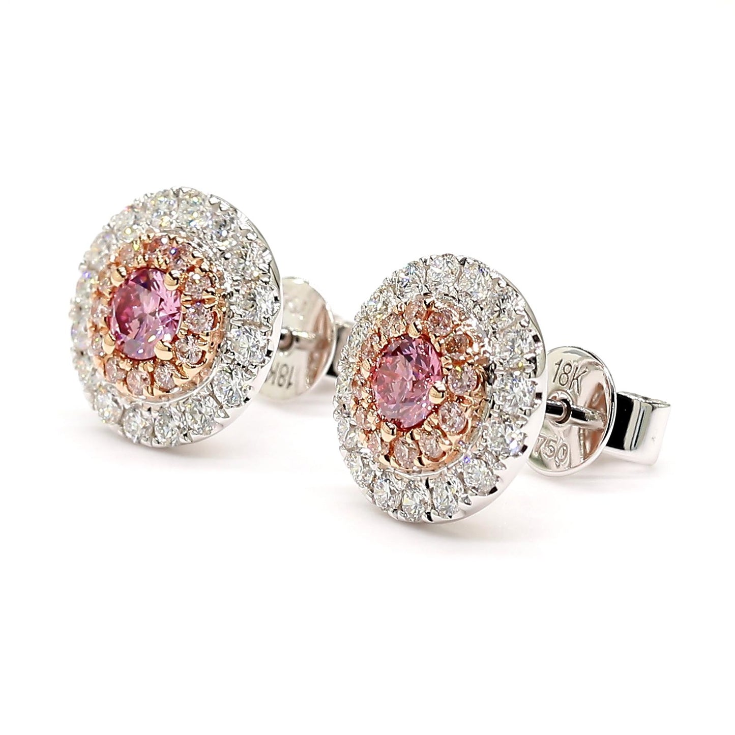 GIA Certified Intense Purplish Pink Round Diamond 0.90 Carat TW Gold Earrings