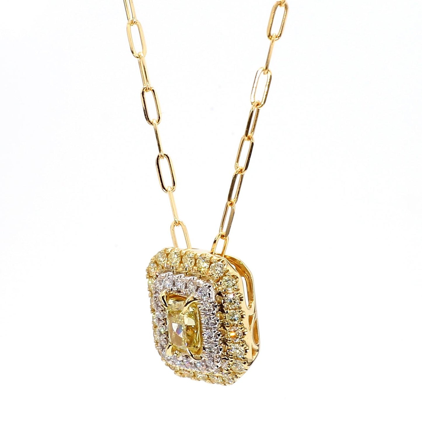 GIA Certified Fancy Yellow Radiant Diamond 0.91 Carat TW Gold Drop Pendant