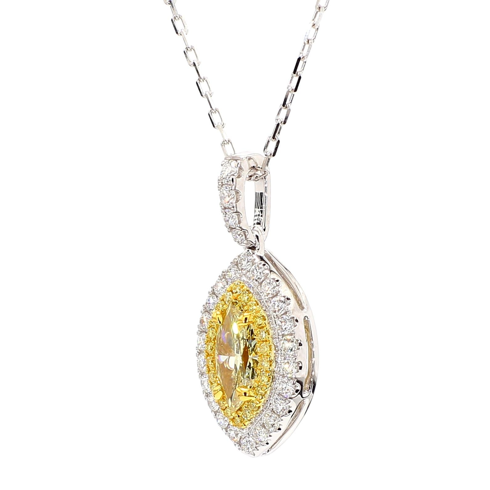 GIA Certified Natural Yellow Marquise Diamond 1.29 Carat TW Gold Drop Pendant