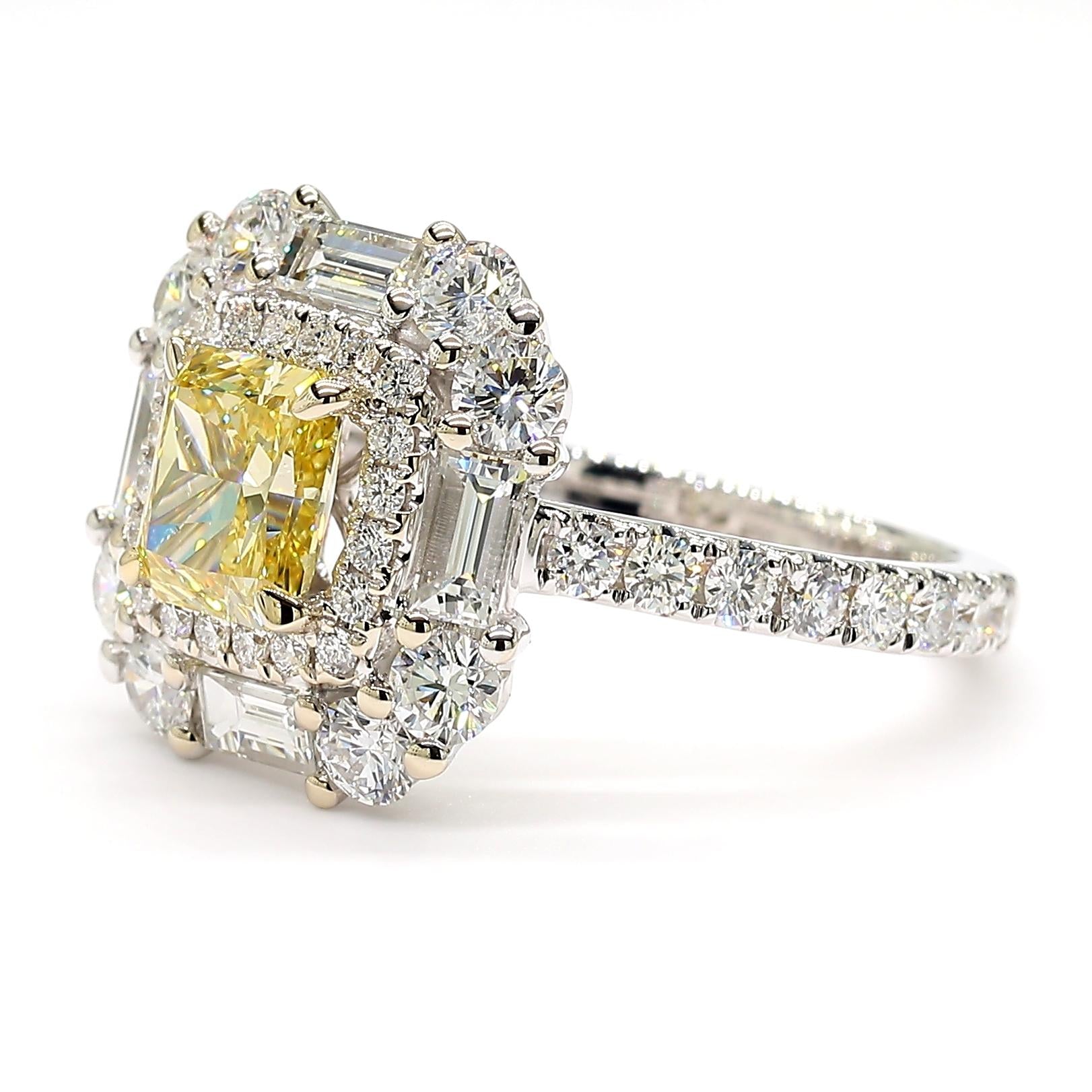 GIA Certified Intense Yellow Radiant Diamond 2.54 Carat TW Gold Cocktail Ring