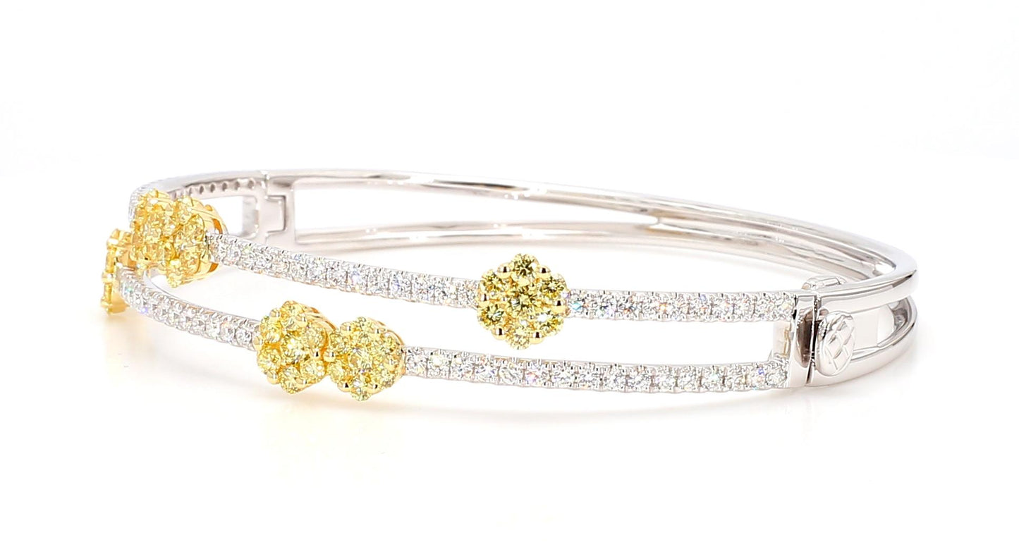 Natural Yellow Round and White Diamond 2.49 Carat TW Gold Cuff Bracelet