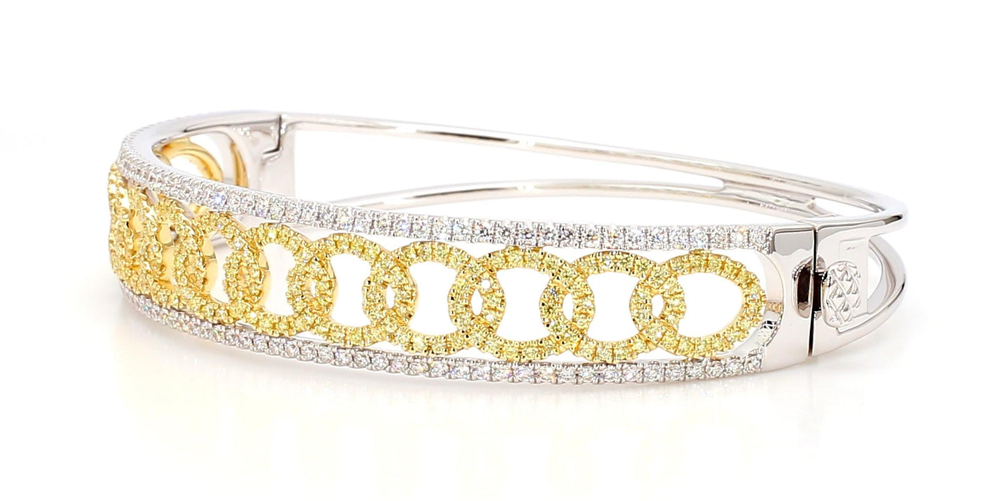 Natural Yellow Round and White Diamond 2.06 Carat TW Gold Cuff Bracelet