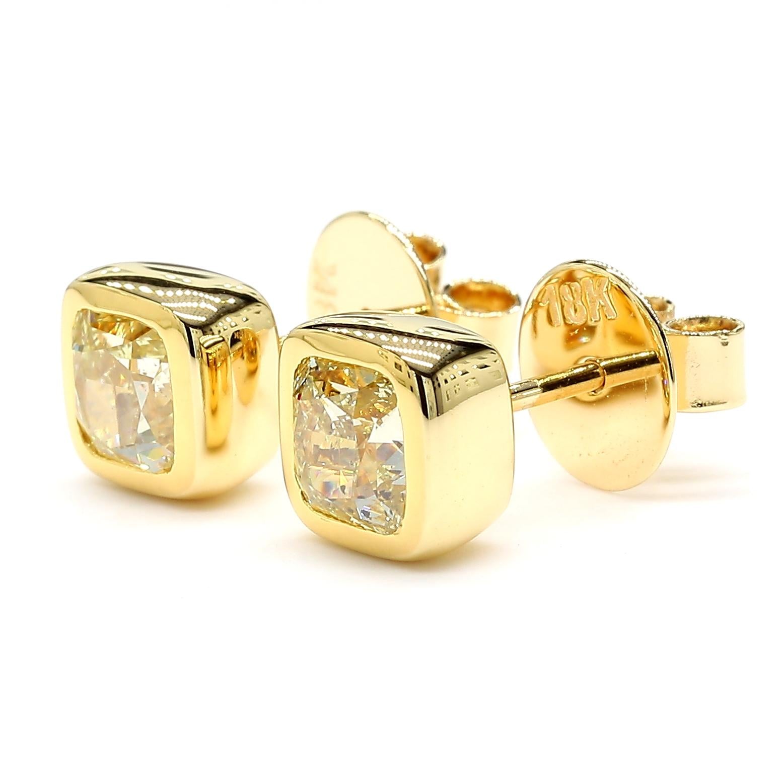 GIA Certified Natural Yellow Cushion Diamond 2.00 Carat TW Gold Stud Earrings