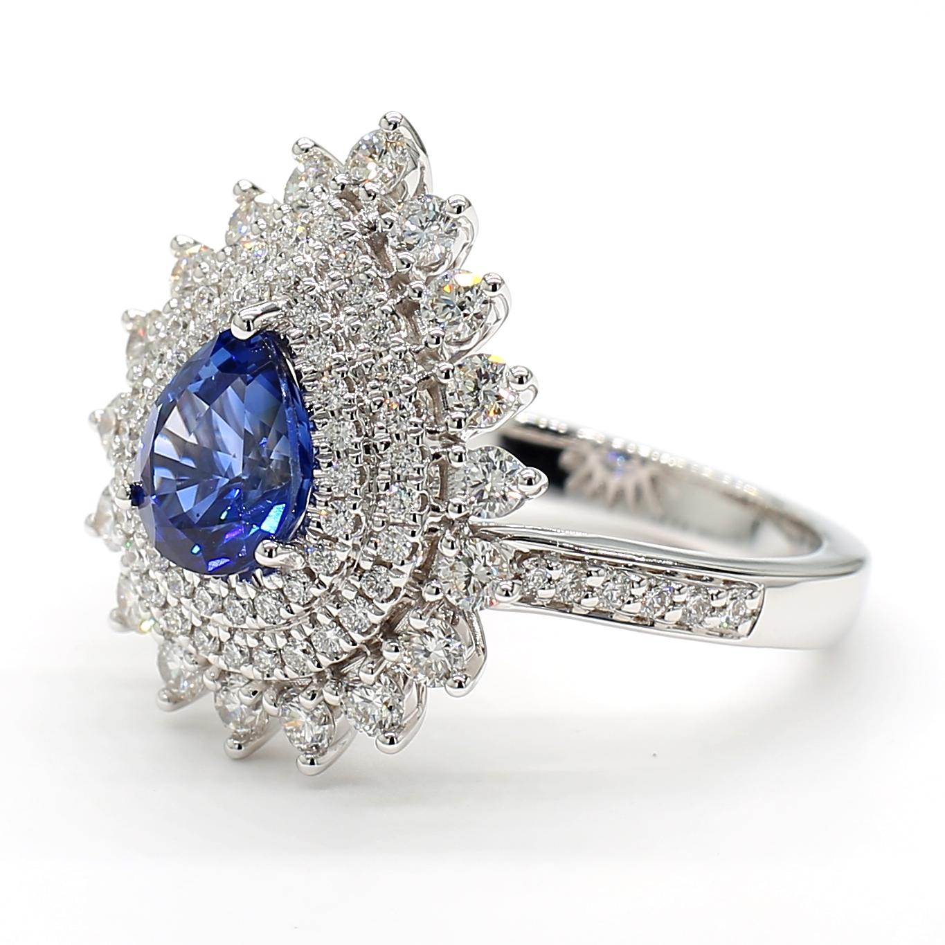 Natural Blue Pear Sapphire and White Diamond 2.62 Carat TW Gold Cocktail Ring