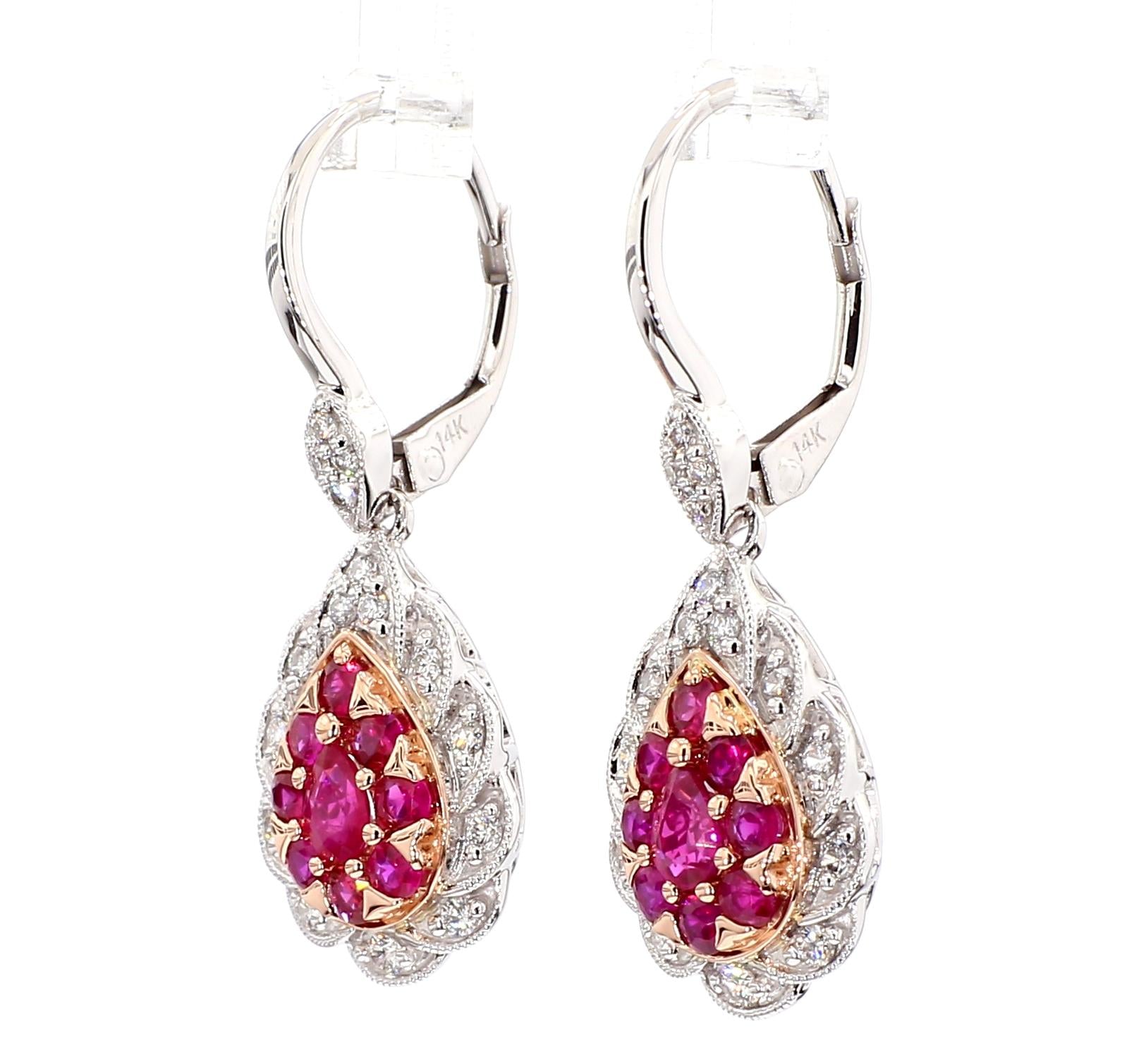 Natural Red Pear Ruby and White Diamond 1.37 Carat TW Gold Drop Earrings