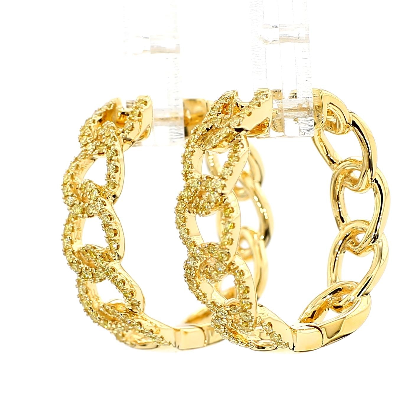 Natural Yellow Round Diamond 0.63 Carat TW Yellow Gold Hoop Earrings