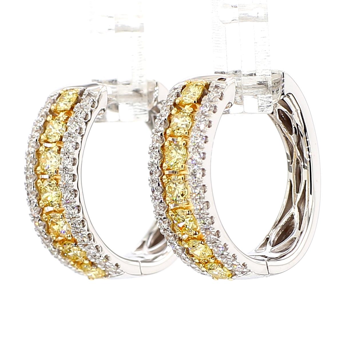 Natural Yellow Round Diamond 1.26 Carat TW Gold Hoop Earrings