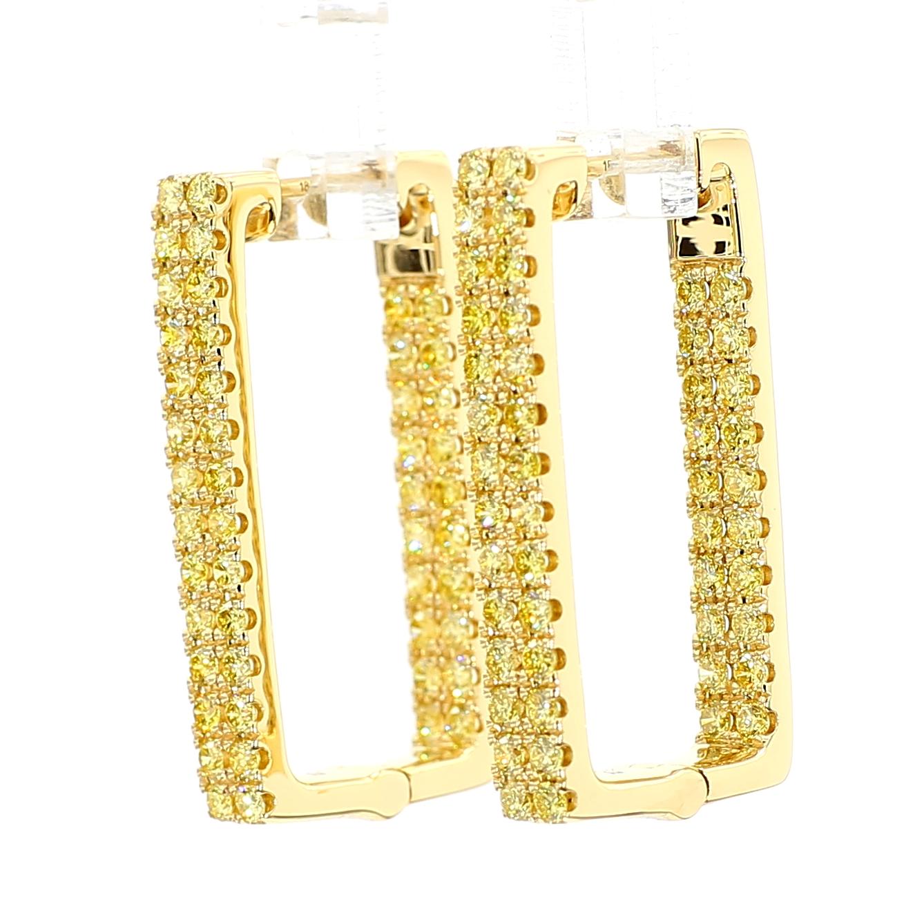 Natural Yellow Round Diamond 1.55 Carat TW Yellow Gold Hoop Earrings
