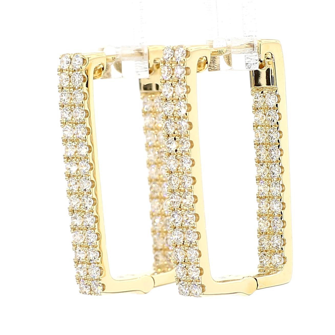 Natural White Round Diamond 1.55 Carat TW Yellow Gold Hoop Earrings