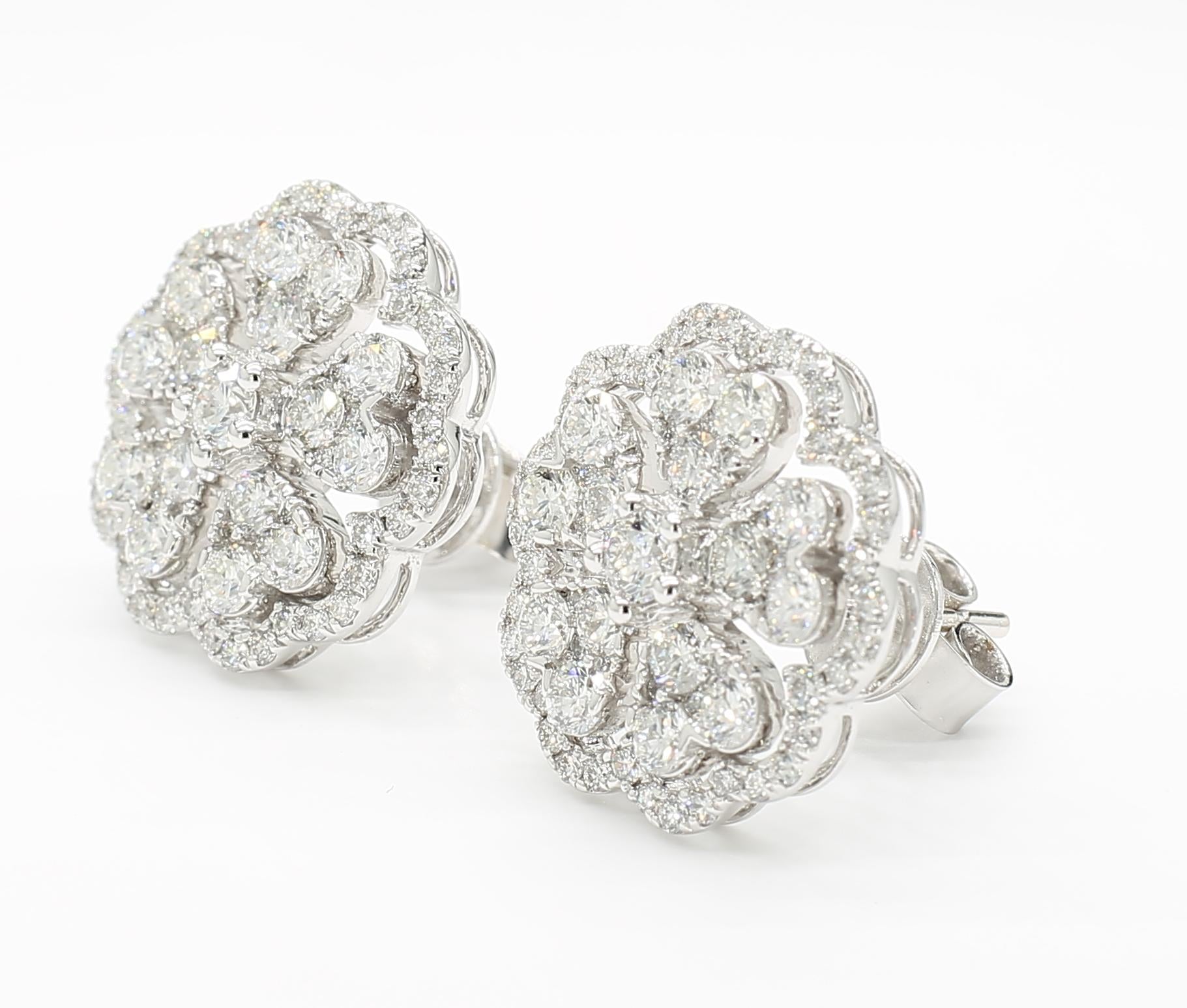 Natural White Round Diamond 2.40 Carat TW White Gold Stud Earrings