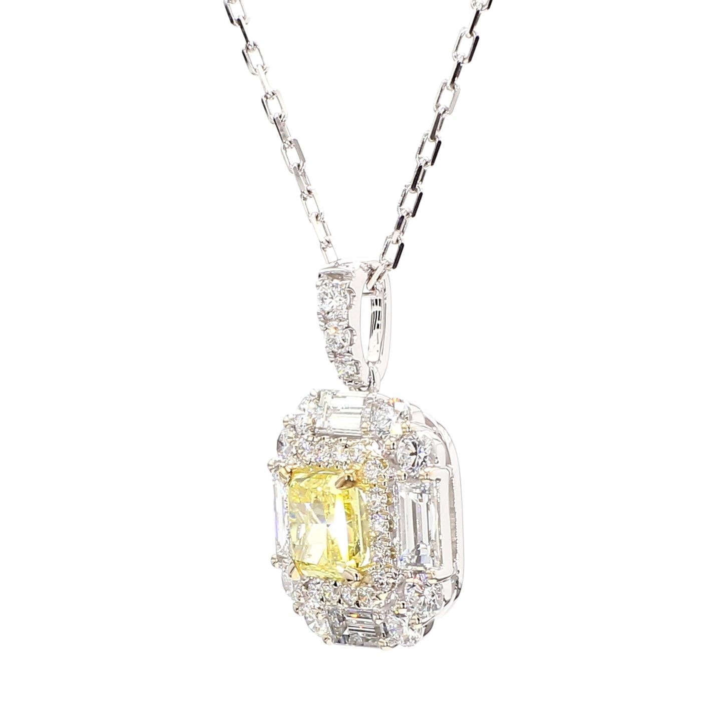 GIA Certified Intense Yellow Radiant Diamond 2.08 Carat TW Gold Drop Pendant