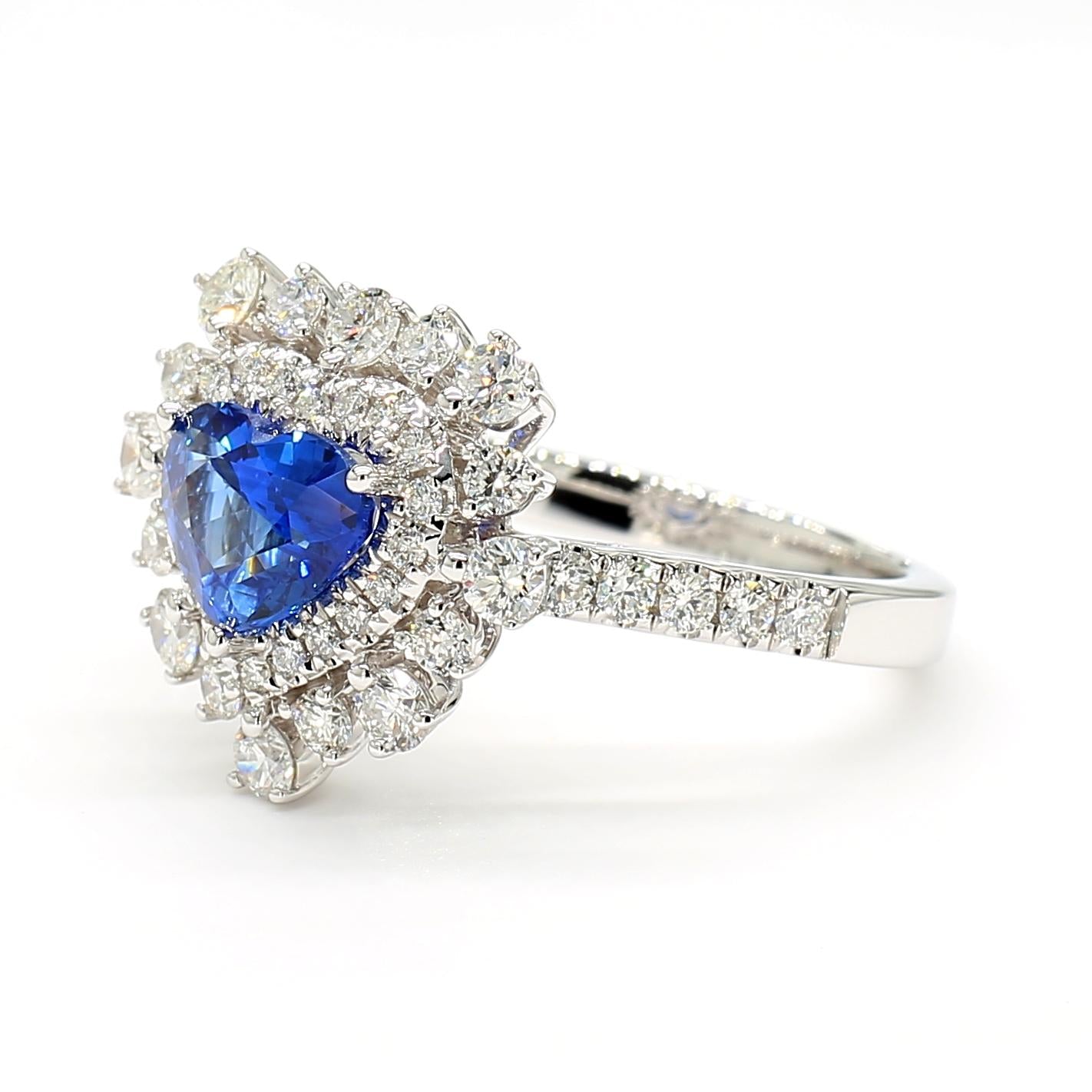 Natural Blue Heart Sapphire and White Diamond 2.36 Carat TW Gold Cocktail Ring