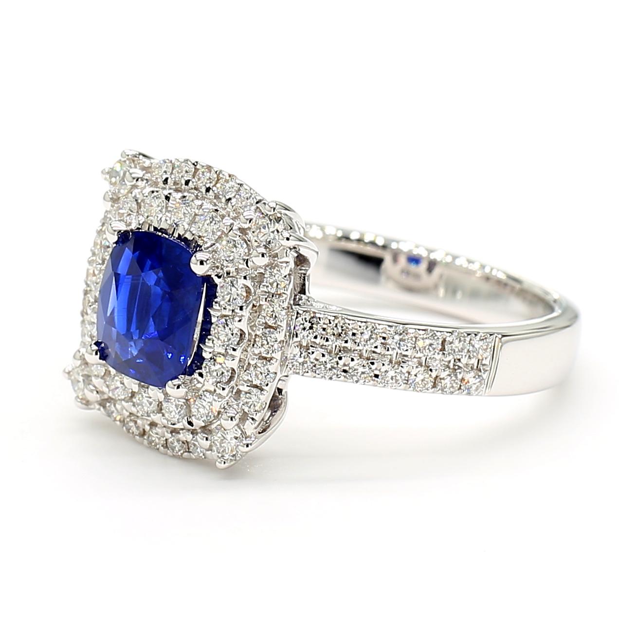 Natural Blue Cushion Sapphire and White Diamond 1.60 Carat TW Gold Cocktail Ring