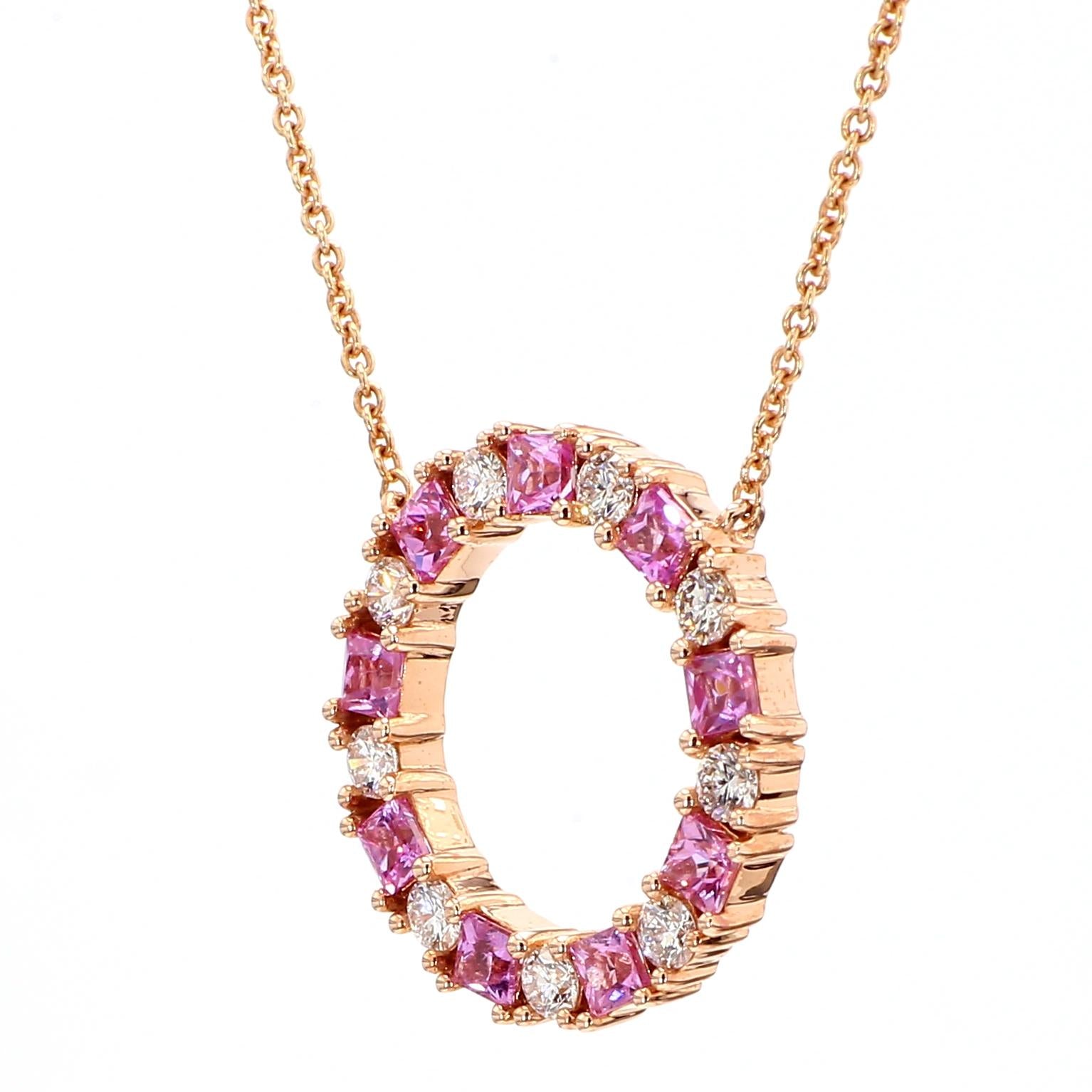 Natural Pink Princess Sapphire and White Diamond 1.60 Carat TW Gold Drop Pendant