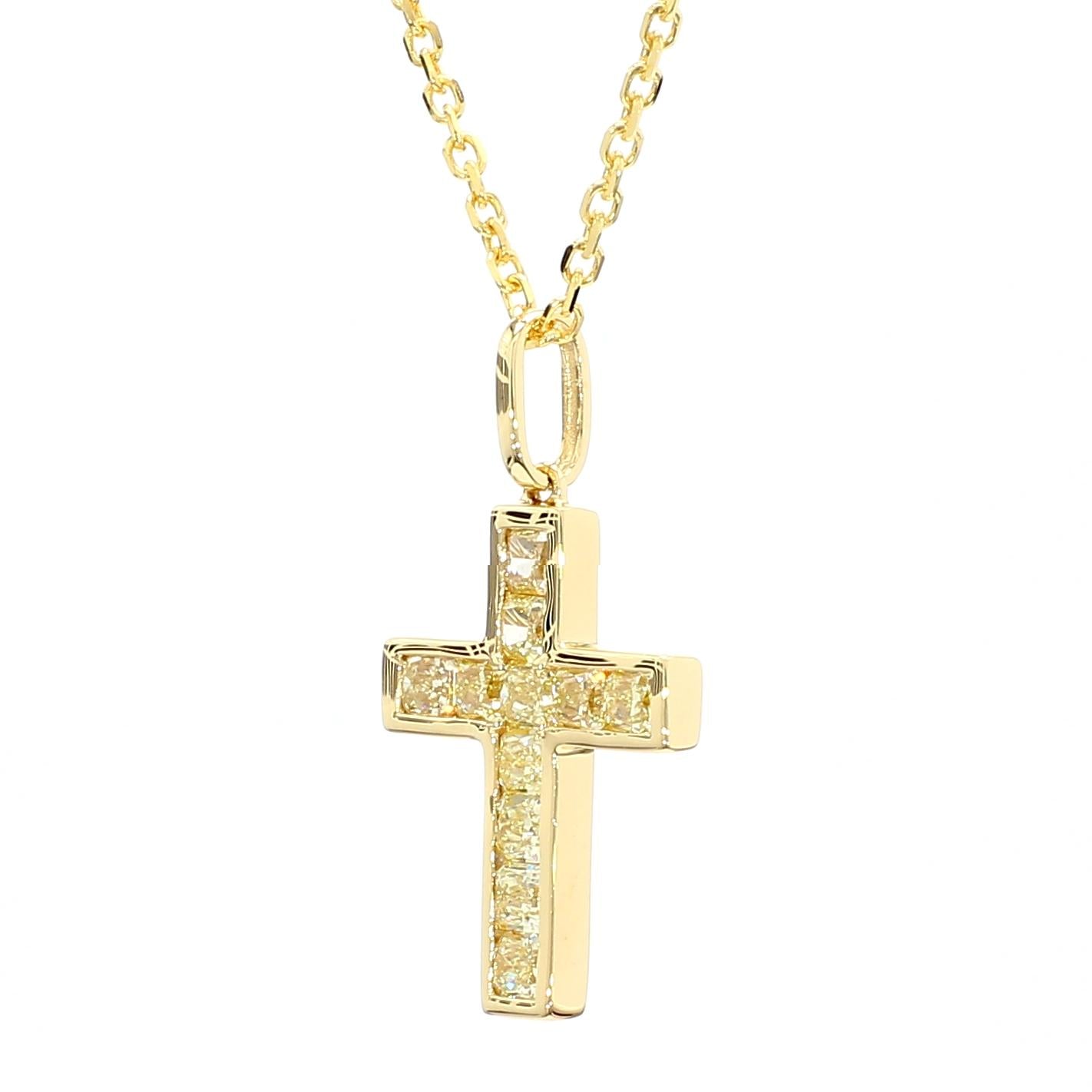 Natural Yellow Radiant Diamond 0.72 Carat TW Yellow Gold Cross Pendant