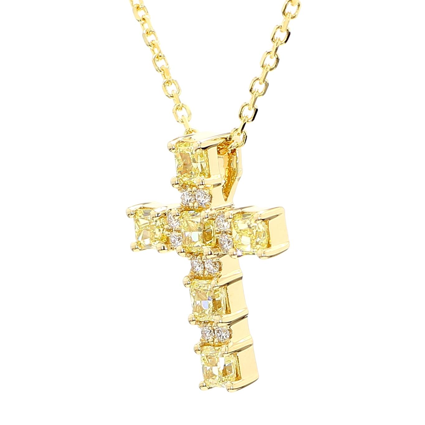 Natural Yellow Cushion and White Diamond 1.47 Carat TW Gold Cross Pendant