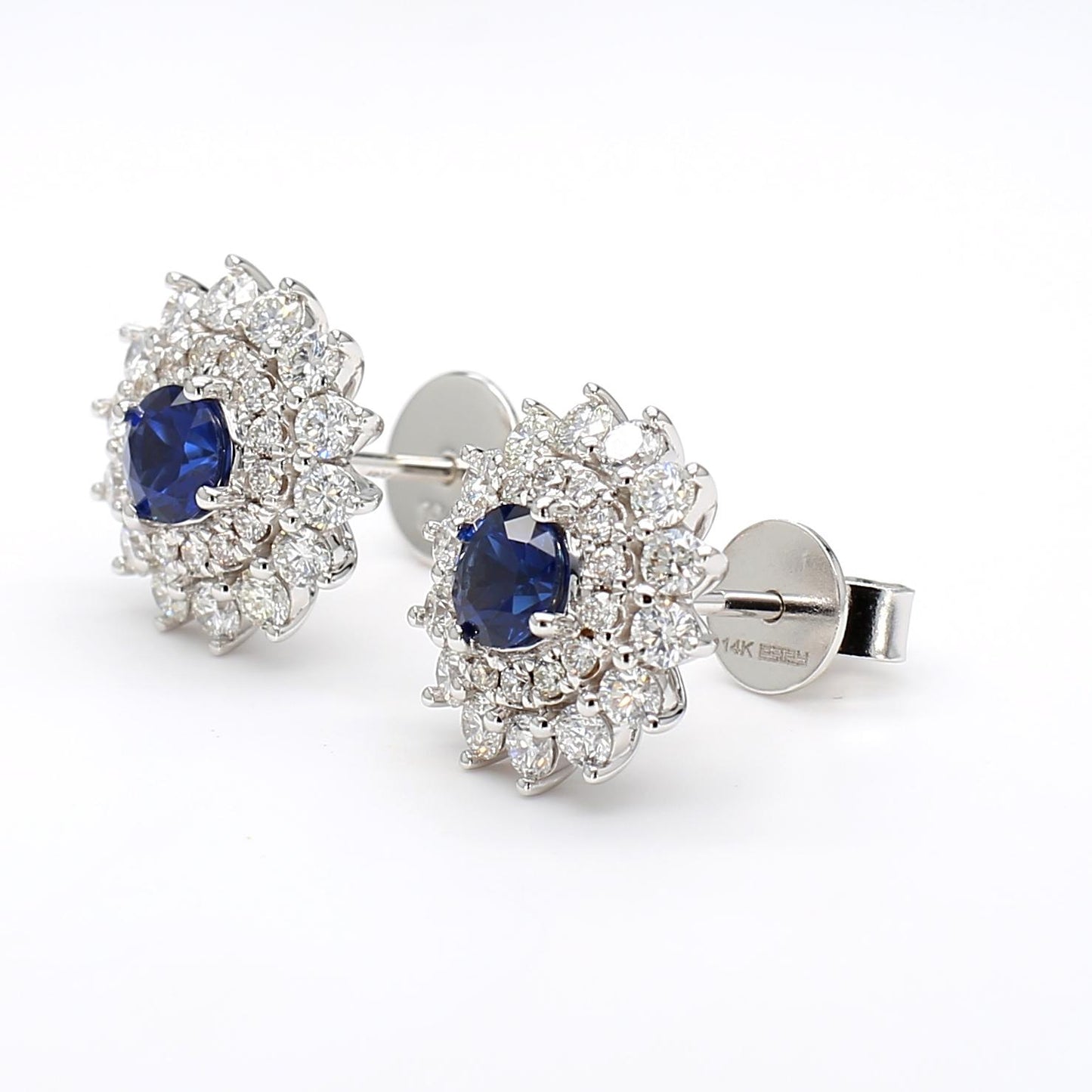 Natural Blue Round Sapphire and Diamond 1.46 Carat TW Gold Stud Earrings
