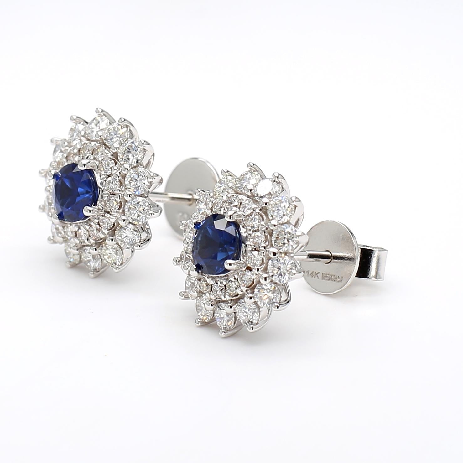 Natural Blue Round Sapphire and Diamond 1.46 Carat TW Gold Stud Earrings
