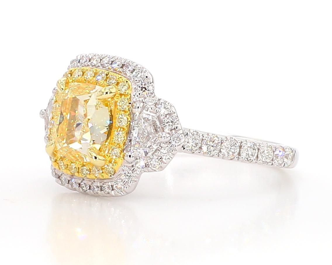GIA Certified Natural Yellow Cushion Diamond 3.05 Carat TW Plat Cocktail Ring
