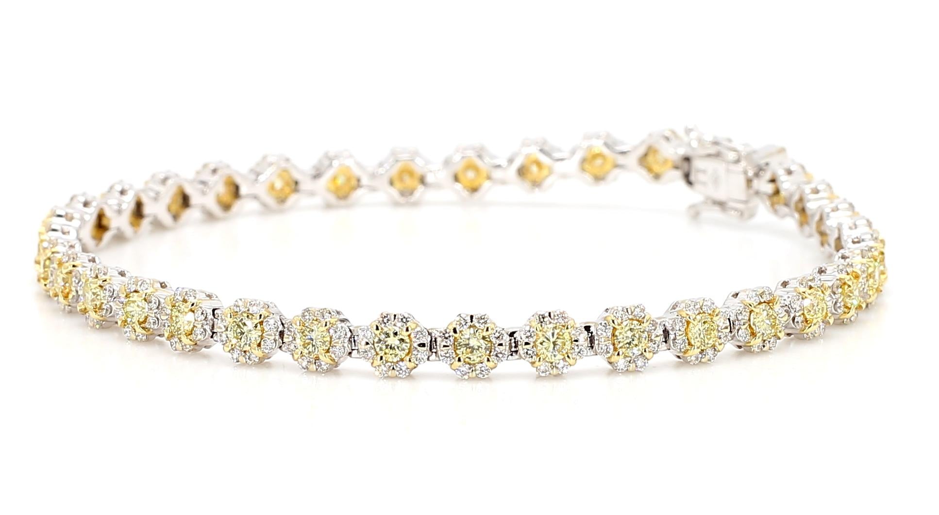 Natural Yellow Round and White Diamond 3.27 Carat TW Gold Tennis Bracelet