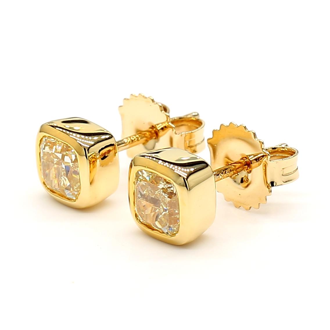 GIA Certified Natural Yellow Cushion Diamond 1.61 Carat TW Gold Stud Earrings