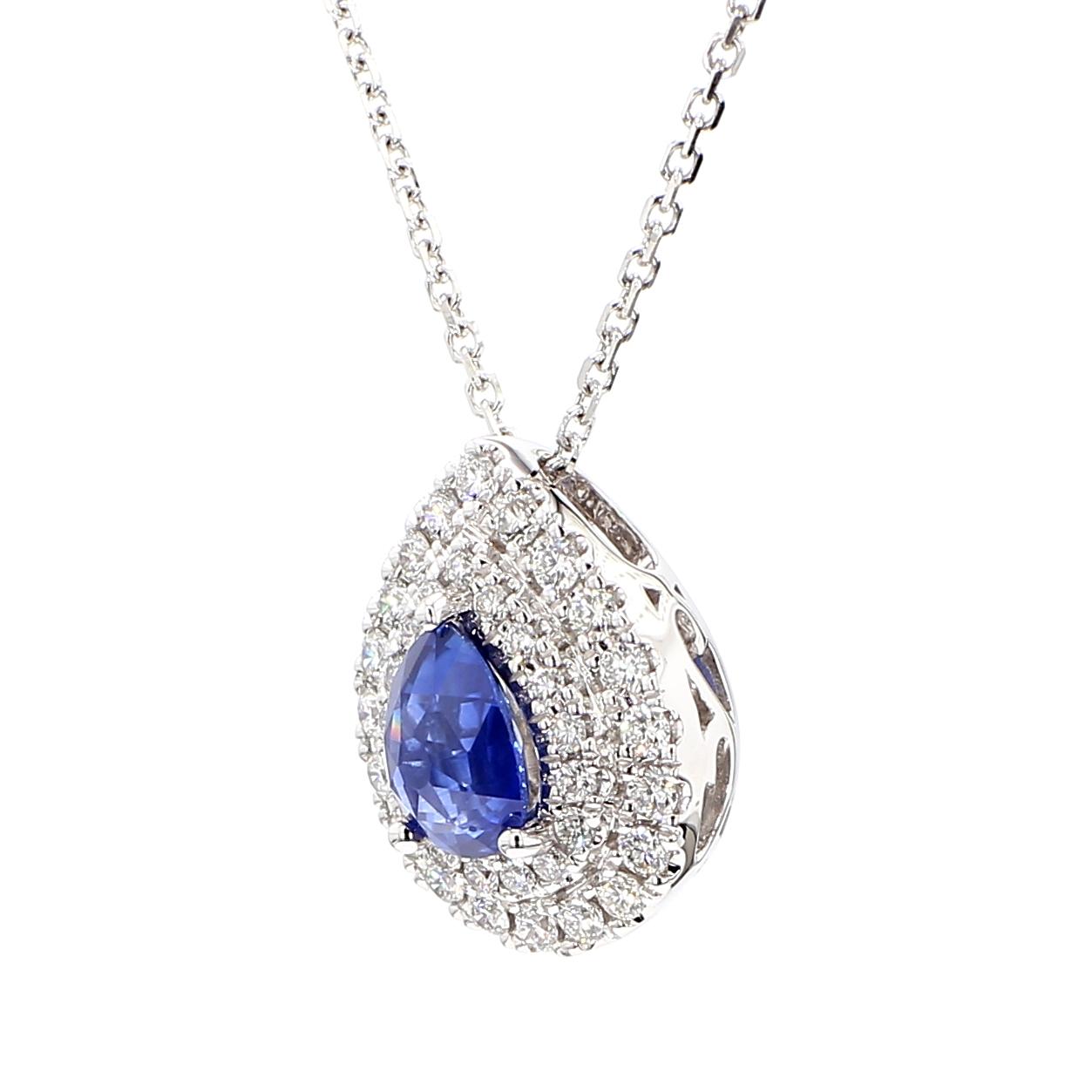 Natural Blue Pear Sapphire and White Diamond 1.40 Carat TW Gold Drop Pendant