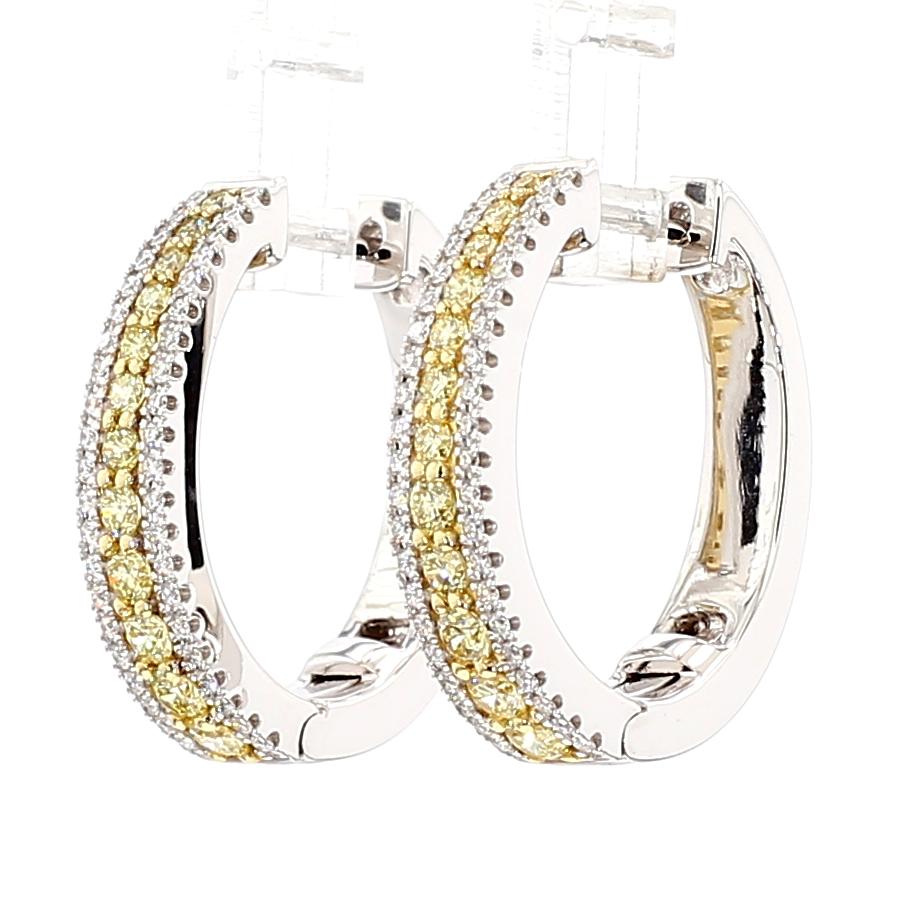 Natural Yellow Round Diamond 1.02 Carat TW Gold Hoop Earrings