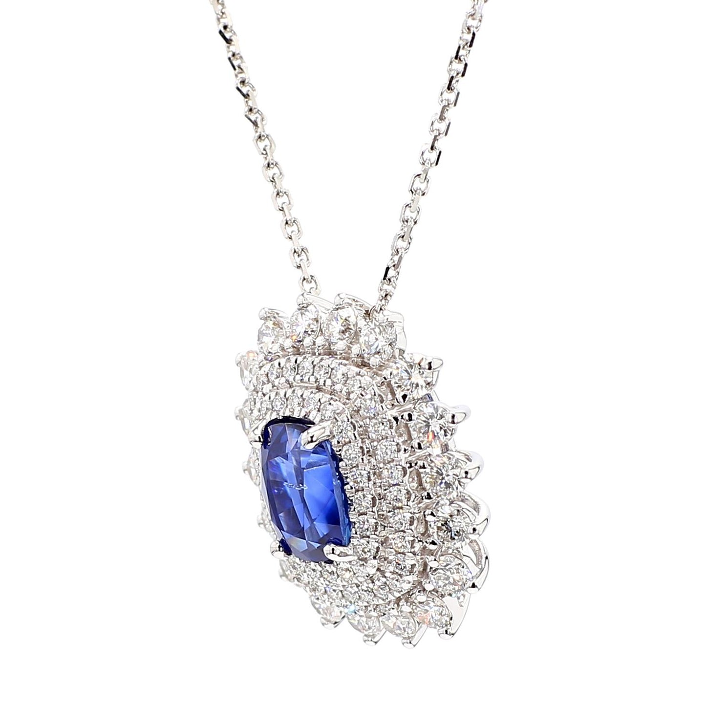 Natural Blue Cushion Sapphire and White Diamond 2.97 Carat TW Gold Drop Pendant