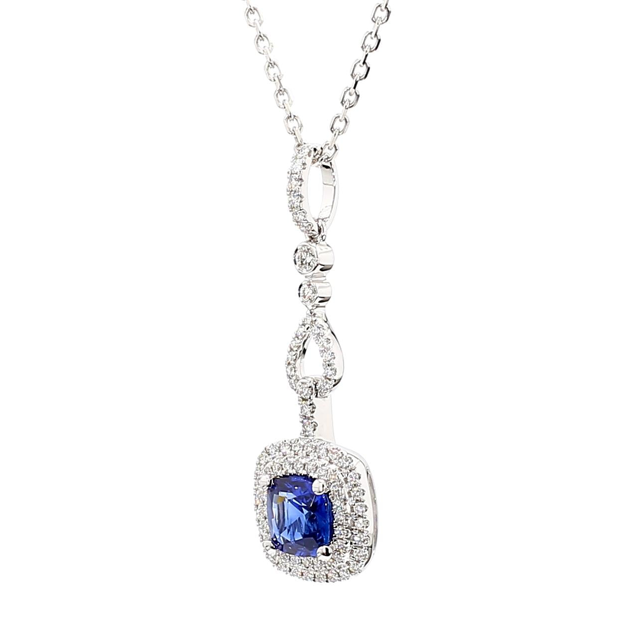 Natural Blue Cushion Sapphire and White Diamond 1.23 Carat TW White Gold Pendant