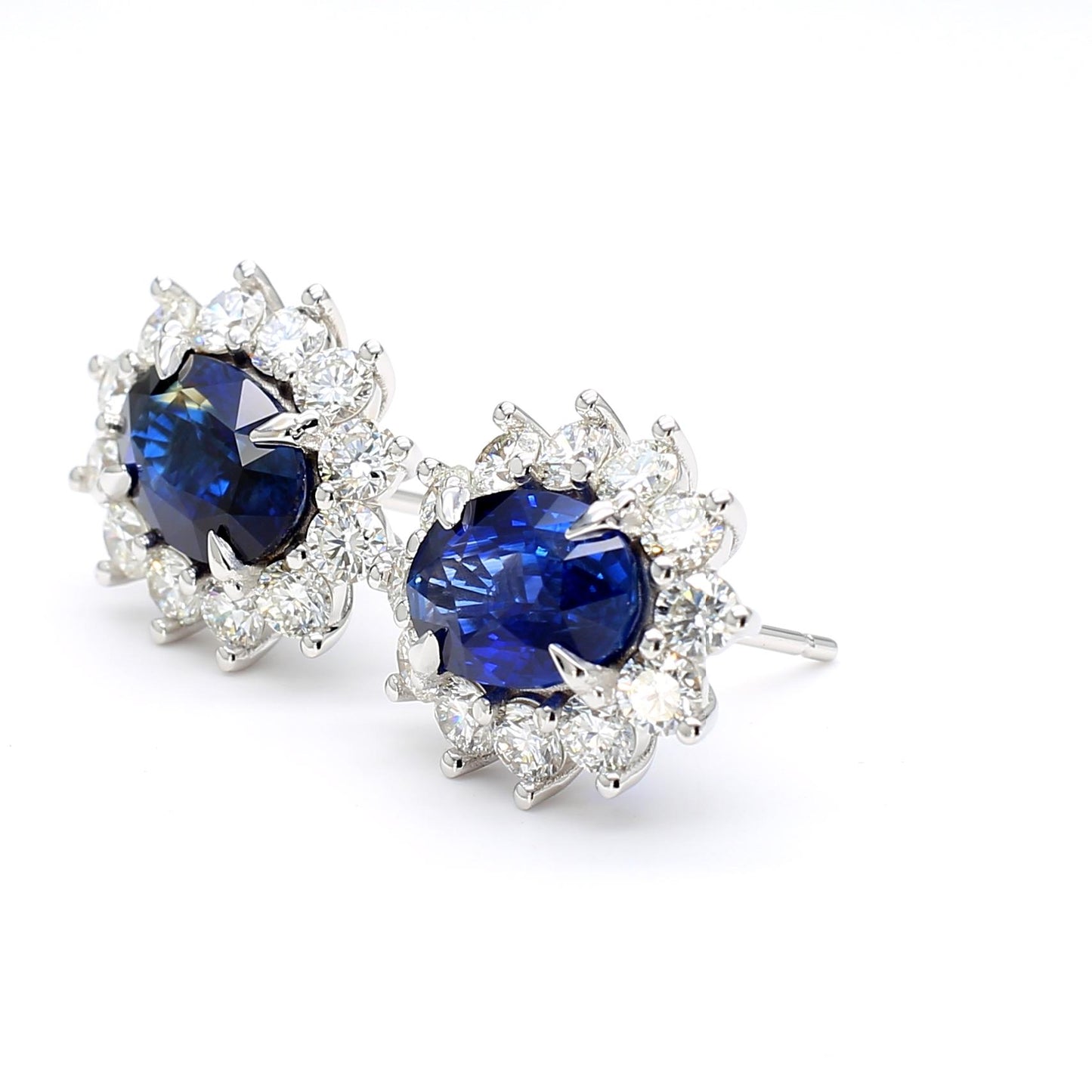 GIA Certified Blue Oval Sapphire and Diamond 5.63 Carat TW Gold Stud Earrings