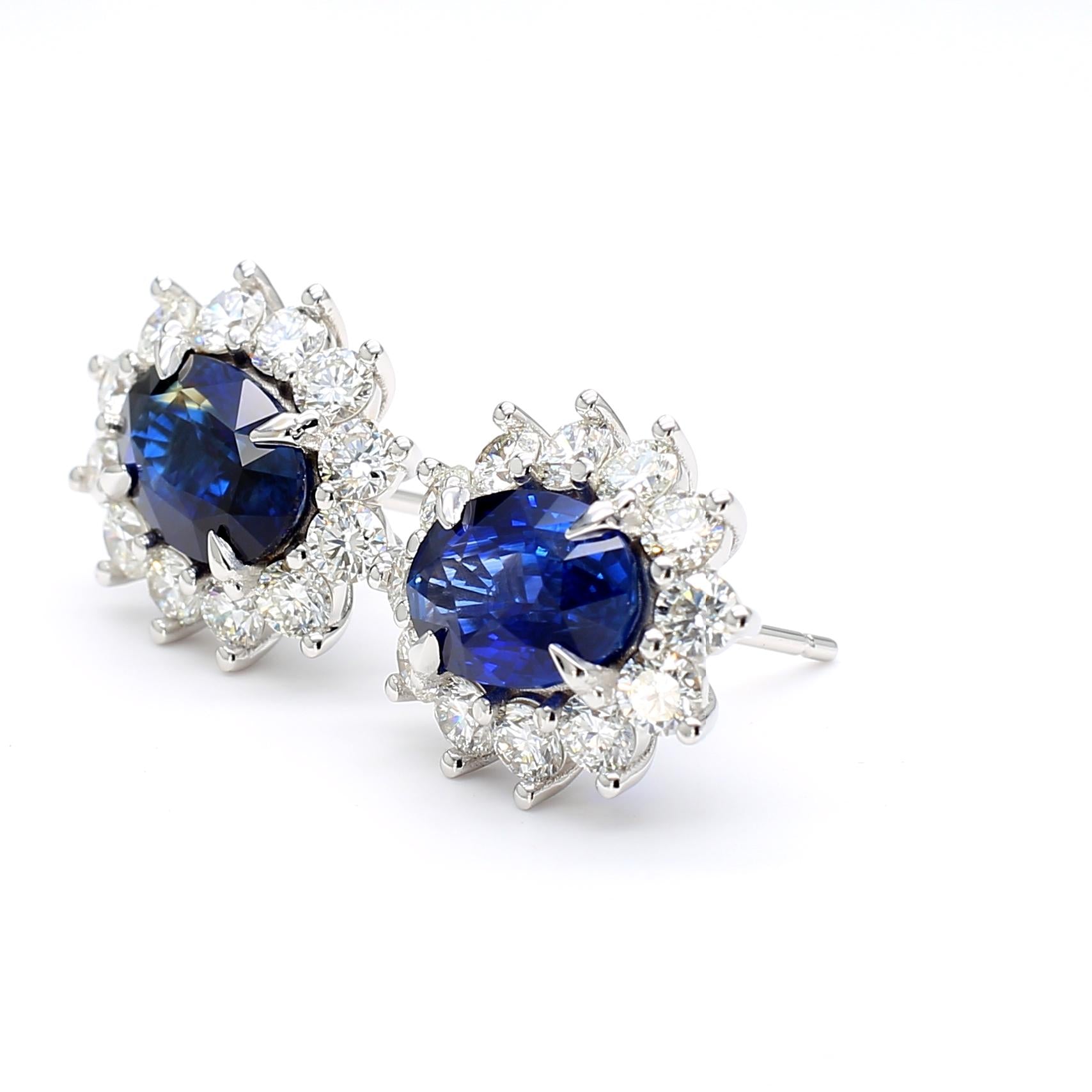 GIA Certified Blue Oval Sapphire and Diamond 5.63 Carat TW Gold Stud Earrings