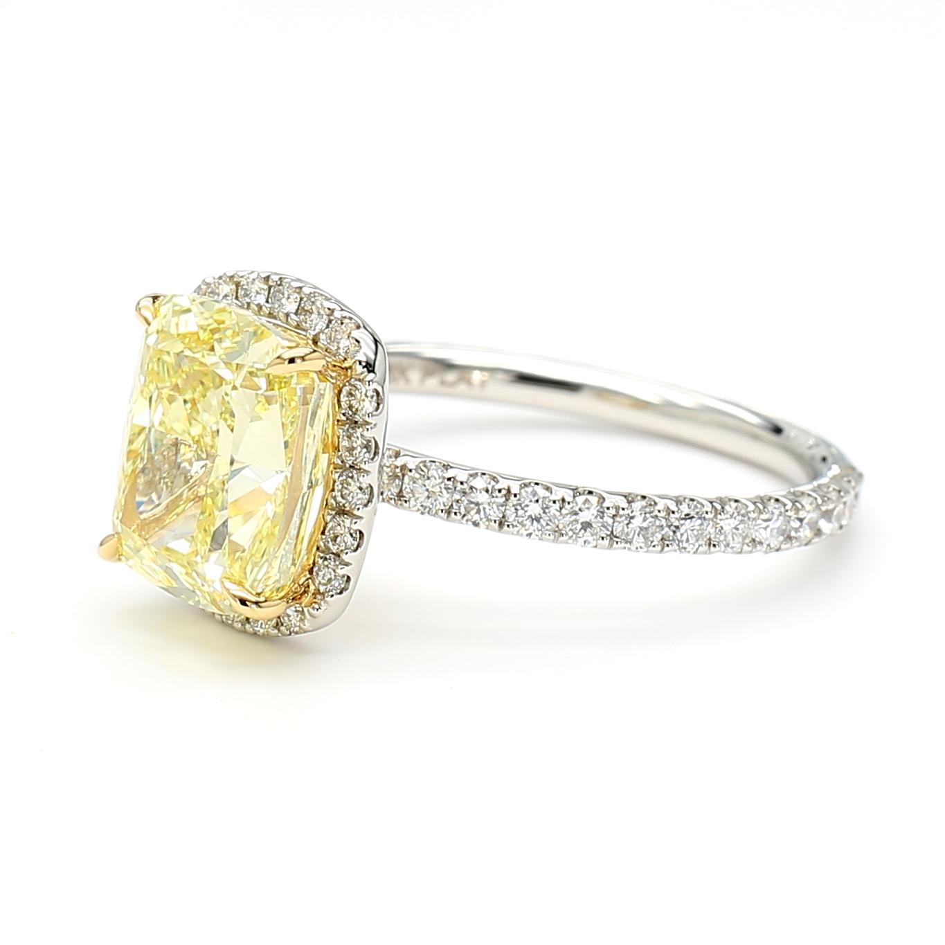 GIA Certified Fancy Intense Yellow Cushion Diamond 4.19 Carat TW Gold Ring