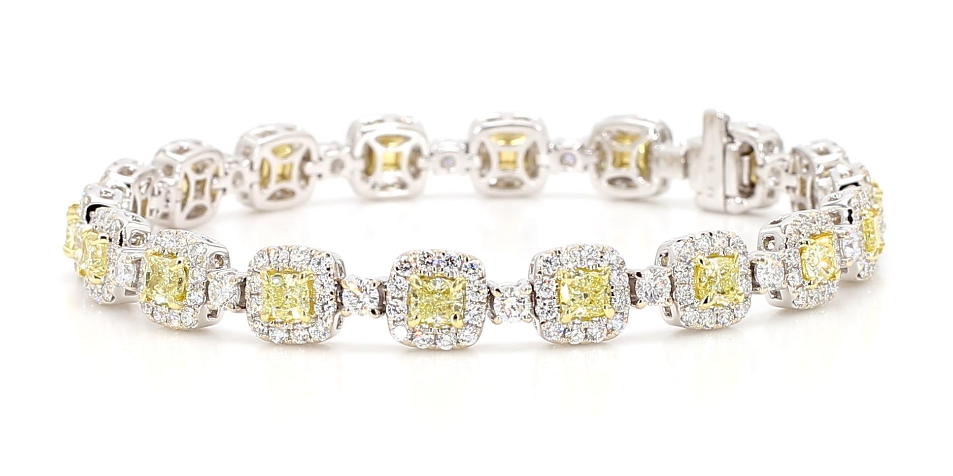 Natural Yellow Cushion Diamond 7.74 Carat TW Gold Tennis Bracelet