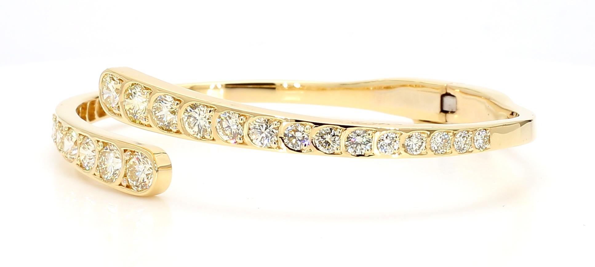Natural White Round Diamond 3.98 Carat TW Yellow Gold Cuff Bracelet