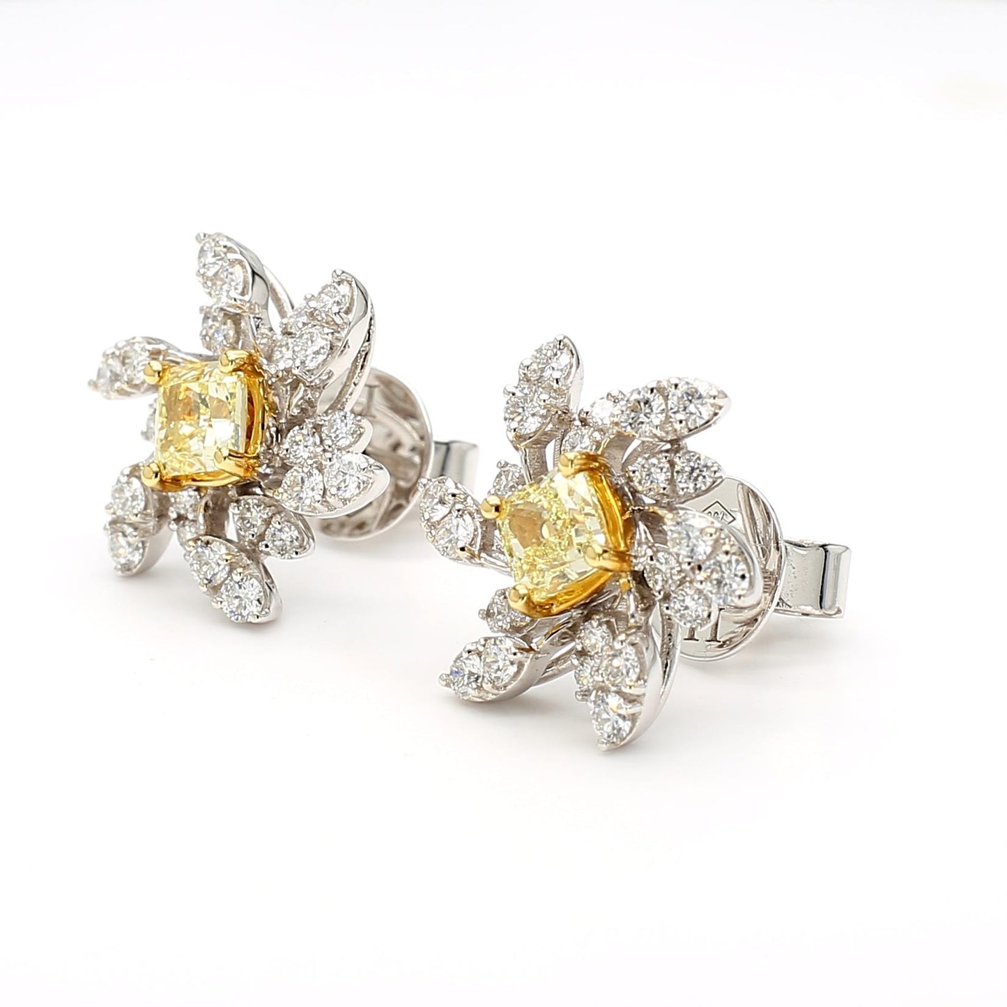 Natural Yellow Cushion Diamond 1.43 Carat TW Platinum Stud Earrings