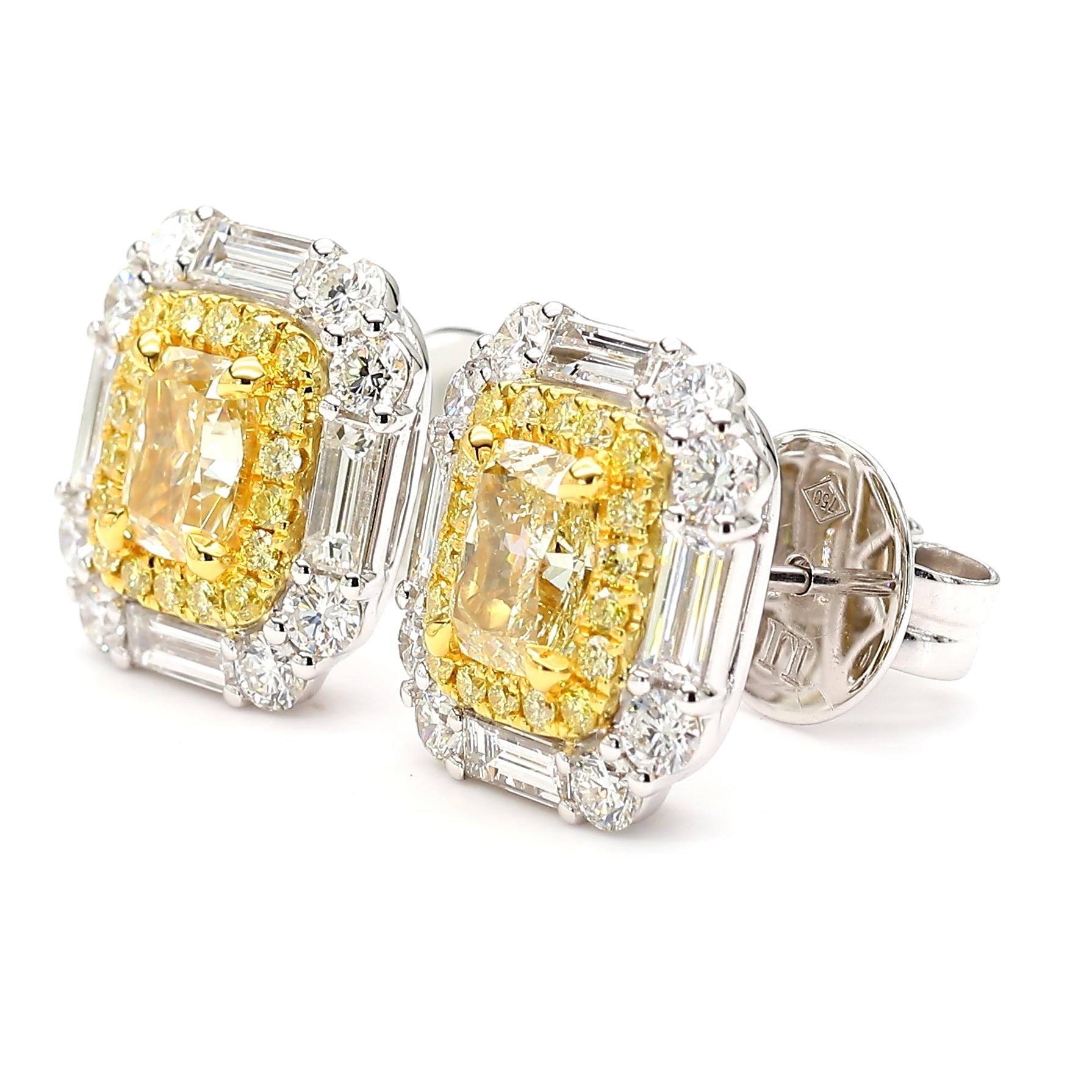 GIA Certified Natural Yellow Cushion Diamond 3.36 Carat TW Gold Stud Earrings