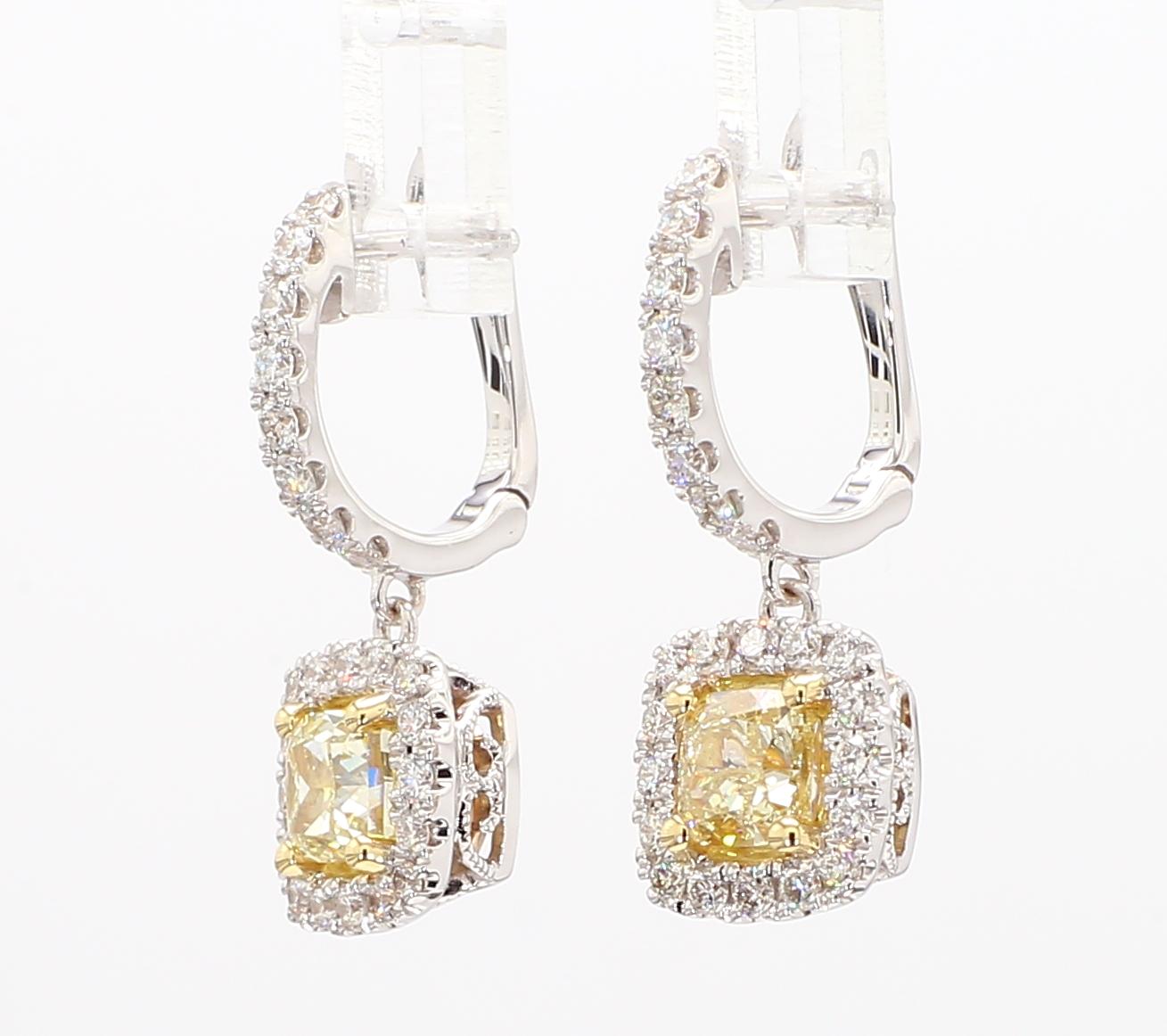 GIA Certified Natural Yellow Cushion Diamond 2.10 Carat TW Gold Drop Earrings