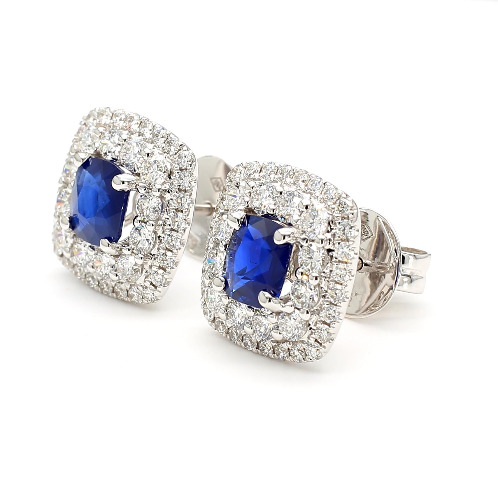 Natural Blue Cushion Sapphire and White Diamond 3.62 Carat TW Gold Stud Earrings
