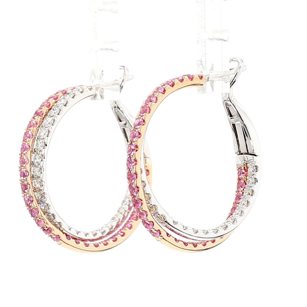 Natural Pink Round Sapphire and White Diamond 3.01 Carat TW Rose Gold Earrings